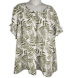 Lane Bryant Womens Flutter-Sleeve Crew Neck Top Sz 22 Olive Leaves Floral Whimsy